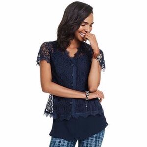CABi 3073 Navy Blue Sheer Lace Short Sleeve Top Blouse Button Front‎ Size Small
